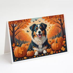 Australian Shepherd Terrier Fall Greeting Cards Pack of 8 Blank Cards with Envelopes Whimsical A7 Size 5x7 Blank Note Cards