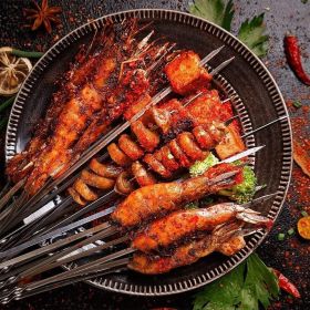 50Pcs 14" Kabob Skewers for Grilling with Push Bar Double Pronged Anti-Roll Flat BBQ Skewers for Grilling Stainless Steel Reusable Kebab Skewers for M