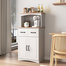 Wooden Kitchen Cabinet White Pantry Storage Microwave Cabinet with Storage Drawer (Color: as Pic)